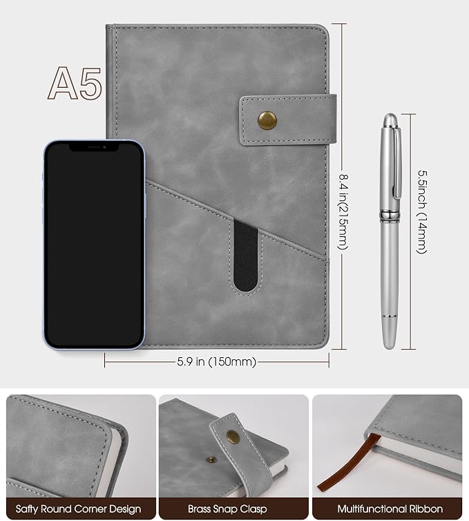 vfaejll A5 Lined Leather Journal Notebook,Hardcover Journal Set with Pen and Gift Box,100Pages 100gsm Thick Ruled Paper Daily Diary for Men Women School,Travel,Business,Work,Writing 5.9" X 8.4"