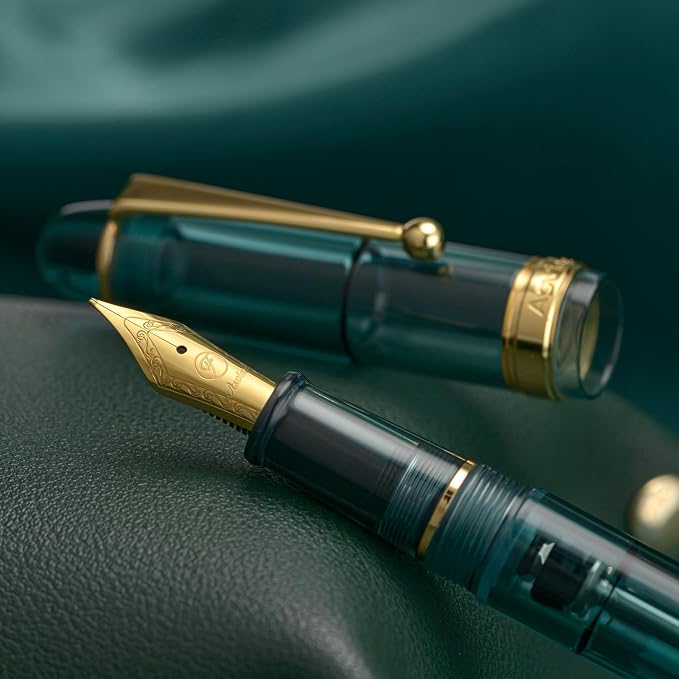 Asvine V126 Vacuum Filling Fountain Pen Extra Fine Nib, Transparent Teal Acrylic, Large-Capacity with Gift Case