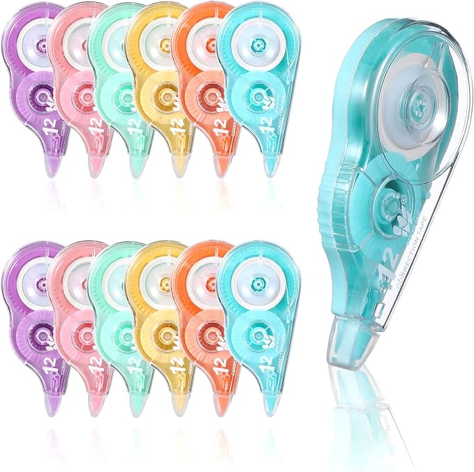 Yexiya 12 Pcs Correction Tape Eraser 0.2 Inch x 39.4 Feet White Tape Original Correction Wide Eraser Easy to Use Applicator for Back to School Supplies Student Study Supply(Rainbow Color)