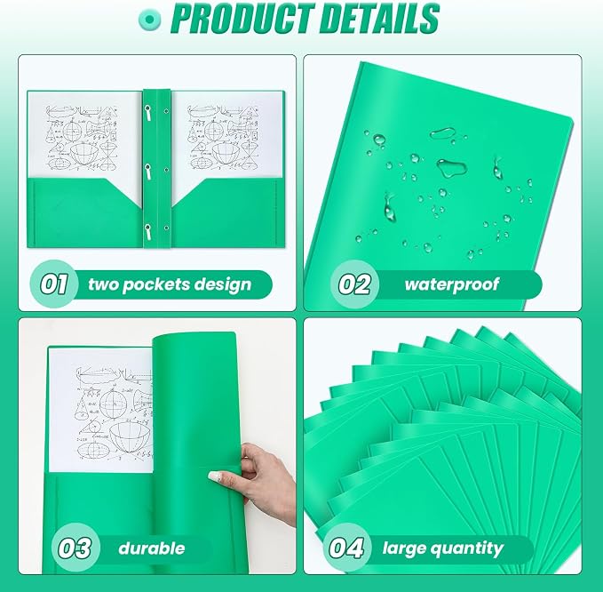 Yeaqee 500 Pcs Plastic 2 Pocket Folders with Prongs Bulk for Back to School, 3 Prong File Folders Fit Letter Size Paper, for School Office Homework Paperwork Organization Supplies (Green)