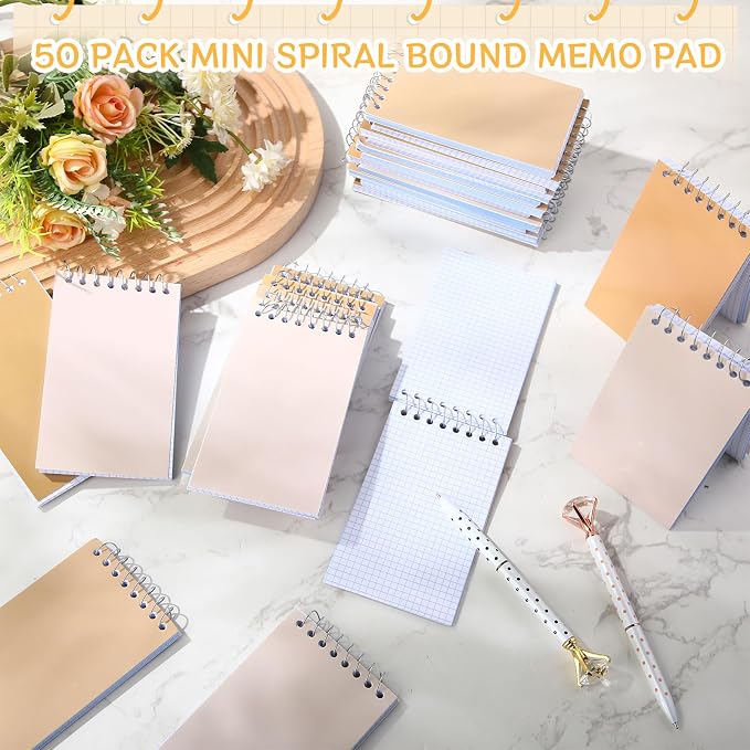 Teling 50 Pcs Graph Paper Pocket Notebook 3x5'' Small Spiral Memo Pads Bulk | Mini Grid Notepad, Back to School Supplies, Top Spiral Tiny Note Pad with Lined, Mini Journal for Office Nurse Work, 75 Sheet