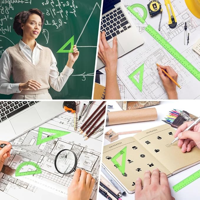 Plastic Clear Ruler Math Set, 6" | 12" Straight Ruler Protractor, 2 Protractors 180 Degree 2 Triangle Rulers 45 | 60 Degree 2 Straight Rulers Measuring Tool for School Office Home Supplie,Green