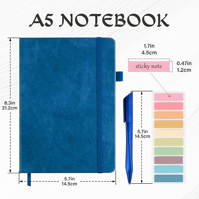 A5 Lined Journal Notebook Set with Pen & Sticky Notes, Hardcover Ruled Notebook 200 Pages Thick Paper, College Ruled Journal for Work Office School, 5.7 x 8.3 in, Blue