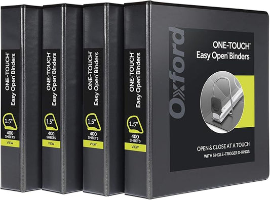 Oxford 3 Ring Binders, Binders for School and Office, Durable 1.5 Inch ONE-Touch Easy Open D Rings, View Binder Covers on 3 Sides, Durable Hinge, Non-Stick, PVC-Free, Black, 4 Pack (79905)