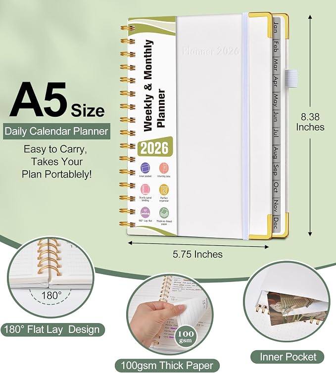 2026 Planner, Hardcover Leather Weekly and Monthly Planner, January 2026 - December 2026, Spiral Yearly Agenda Organizer Book 2026 with Tabs, Daily Calendar Planners for School Work Home, A5 (5.75" x 8.38"), White