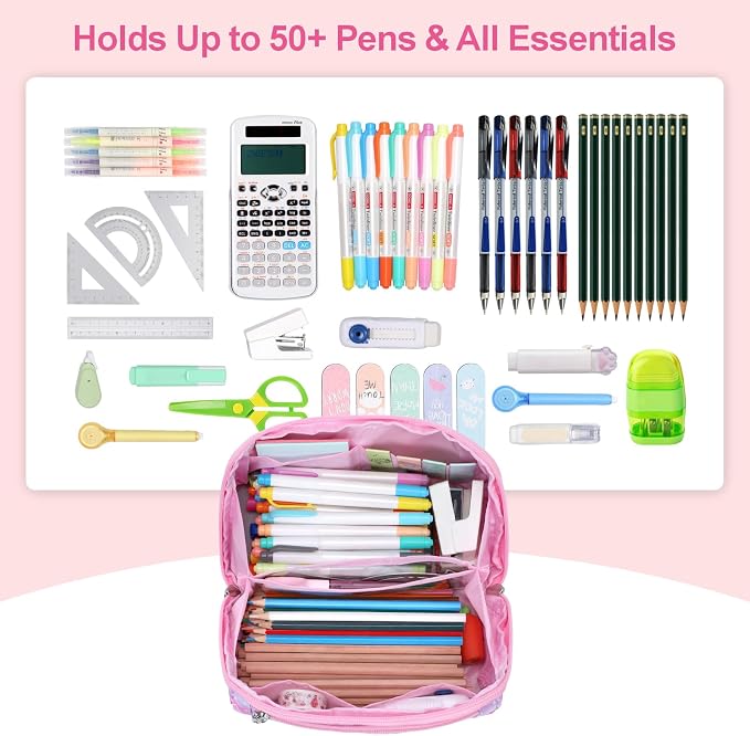 Large Pencil Case for Girls - Aesthetic Pencil Pouch for School | Kids Pencil Case & Wide Handle, Water Resistent Organizer Box,Fits 50 Pens & Markers, Daily Use, Glitter Pink Memarid