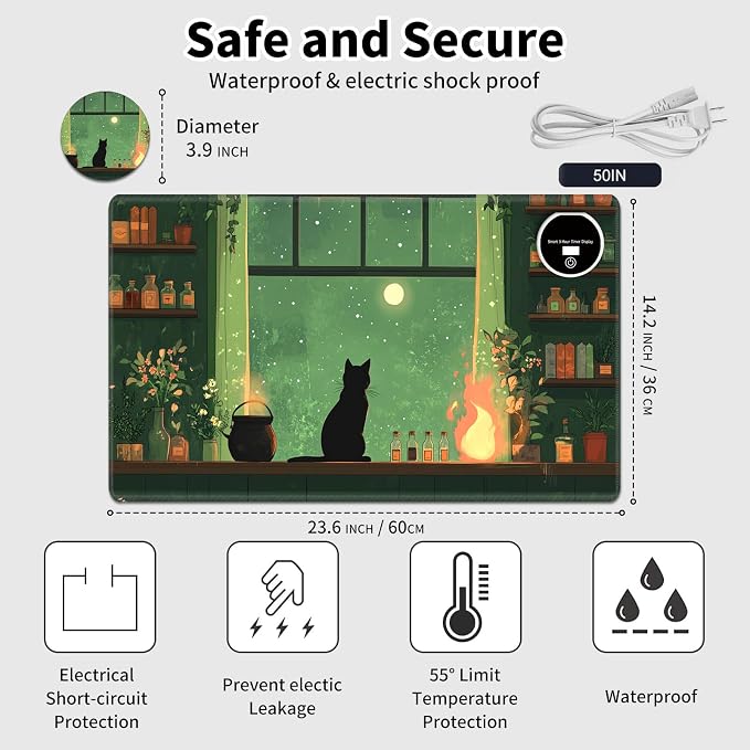 Heated Desk Pad Mouse Pad,Heated Desk Mat,with 3 Heating Levels & 3 Hours Auto Shut-Off,Leather 23.6"*14.2" Gaming Mouse Laptop Mat,Foot Warmer,Cat Green Window