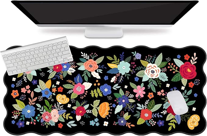 L-SPOUTTO Floral Mouse Pad,Botanical Desk Mat XXL Large Scalloped Gaming Mousepad,35.4x15.7in Non-Slip Rubber Base Keyboard Pad Waterproof Desktop Mat for Laptop Computer Game Home Office-Flowers