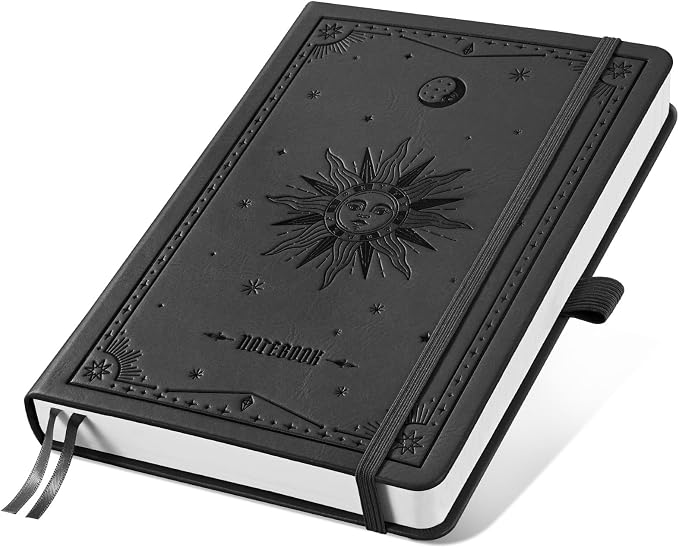 EMSHOI Dotted Journal Notebook, 192 Pages, A5 Size (5.7'' x 8.3'') | Leather Hardcover, 100 GSM Thick Paper, for Journaling, Planning, Tracking & Sketching, Sun Debossed (Black)