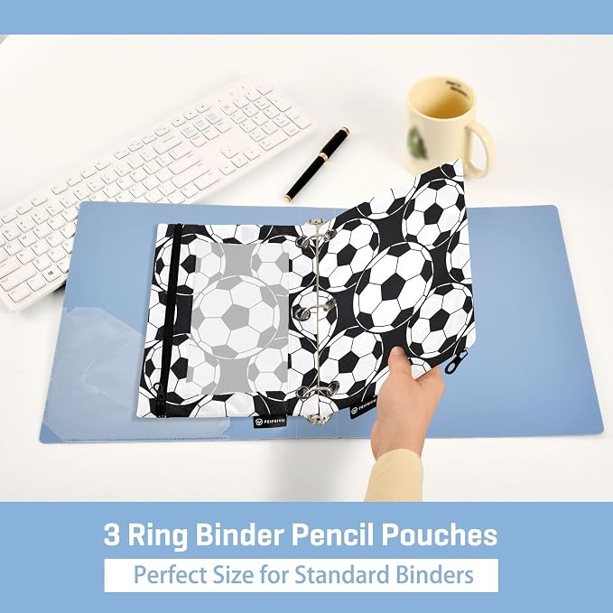 Soccer Pencil Pouches for 3 Ring Binder, Zipper Binder Pencil Case, 2 Pack Clear Window Case Bag for Office Organizers