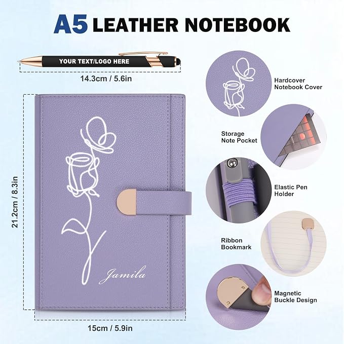 A5 ENOMY Personalized Notebook Set with 10PC Pens Custom Journal with Pocket Lined Custom Notebook for Writing Men Women Ideal Mom Sister Gift, Green
