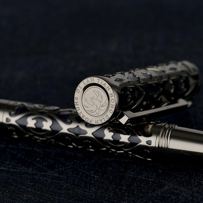 HONG DIAN D1 Piston Fountain Pen Extra Fine Soft Nib, Jet Black Hollow Skeleton & Resin Pen with Metal Case Set