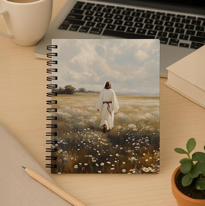 Christian Notebook – Jesus Walking in Peaceful Meadow – Religious Journal with Nature Artwork – Hardcover Faith Diary for Daily Writing, Spiral Bound 5.5x8.3 Inches