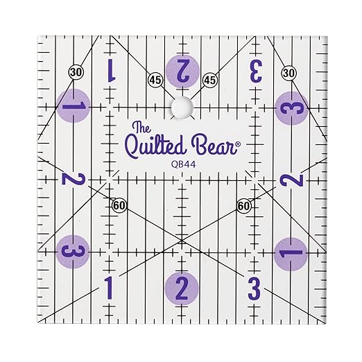 The Quilted Bear Square Quilting Ruler, Transparent Acrylic, 4" x 4" | Non-Slip, Precise Bold Lines, 30, 45 & 60 Degree Angles, 3mm Thick Transparent Acrylic, for Quilt Blocks, Sewing & Craft