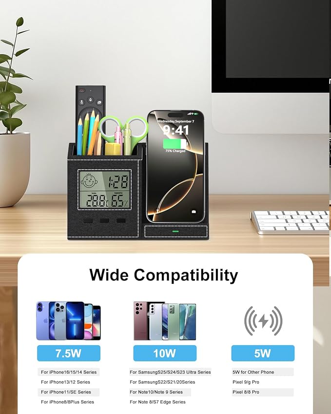 Desk Organizer with Wireless Charger, Digital Clock, Thermometer & Hygrometer - Multi-Functional Pencil Holder, Office Desk Accessories Storage Caddy for Home, Office, Men, Women (Battery Included)