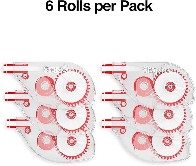STAPLES Correction Tape, Easy Sidewinder Applicator for Instant Corrections, 6-Pack, White