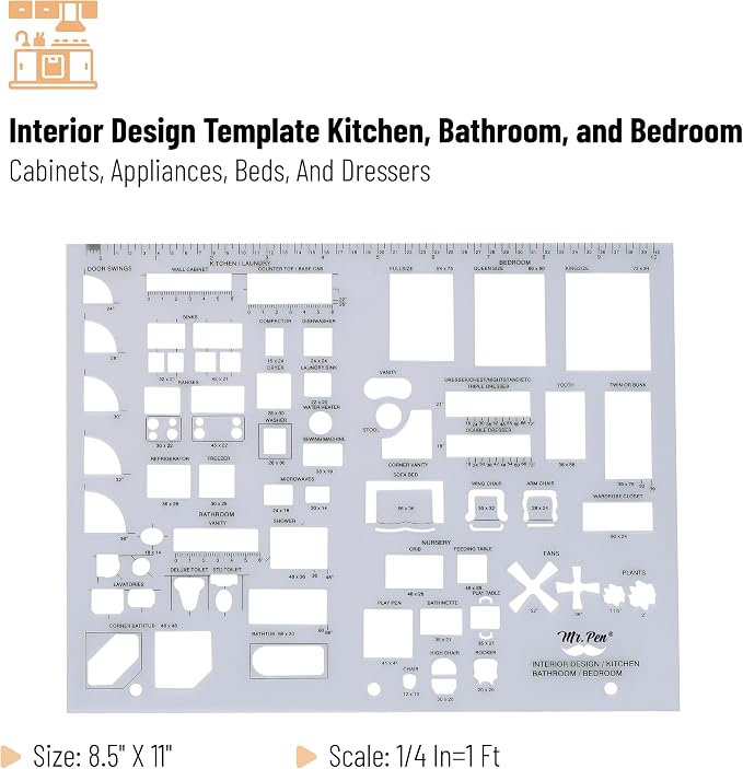 Mr. Pen- House Plan, 3 pcs, Interior Design and Furniture Templates | Clear Flexible Plastic, Drafting Tools, Ruler Shapes for Architecture, 1/4 Inch Scale, Kitchen, Bath, Bedroom, Office