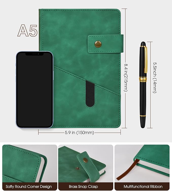 Lined Journal Notebook with Pen, A5 Personalized Hardcover Leather Journal for Men Women, 200 Pages 100 GSM Thick Paper College Ruled Notebooks for Work Travel School Writing Diary 5.9" X 8.4" Green