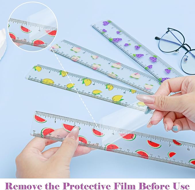 BAYTORY 4Pcs Transparent Acrylic Ruler 12 Inch, Plastic Straight Rulers | Shatterproof Student Stationery Centimeters with Inches, for Classroom Essentials School Supplies (Fruit 12 Inch)