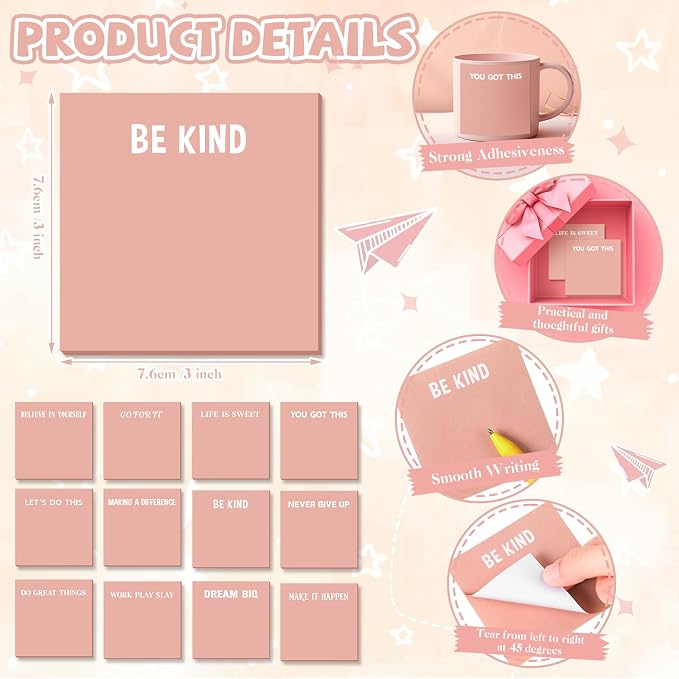Yinder 24 Pcs Inspirational Sticky Notes, Back to School Supplies, Cute Motivational Sticky Notes Pad Employee Appreciation Gifts Bulk for Teacher Coworker Office 3 x 3'' (Inspire,Pink)