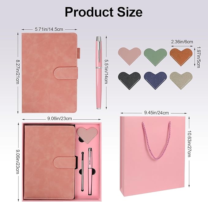 A5 Leather Journal for Women Men, Hardcover Notebook Set with Pen, Pink | 360 Pages 100GSM Lined Paper, Includes 6 Heart Bookmarks, Gift Box & Bag. Birthday, Graduation, Christmas, Appreciation Gifts