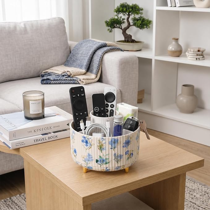 Soboto 360 Rotating Desk Organizer with DIY Floral Stickers, Compartment Floral Office Supplies Storage, Space-Saving Plastic Caddy for Home Office Cosmetics Pen Holder