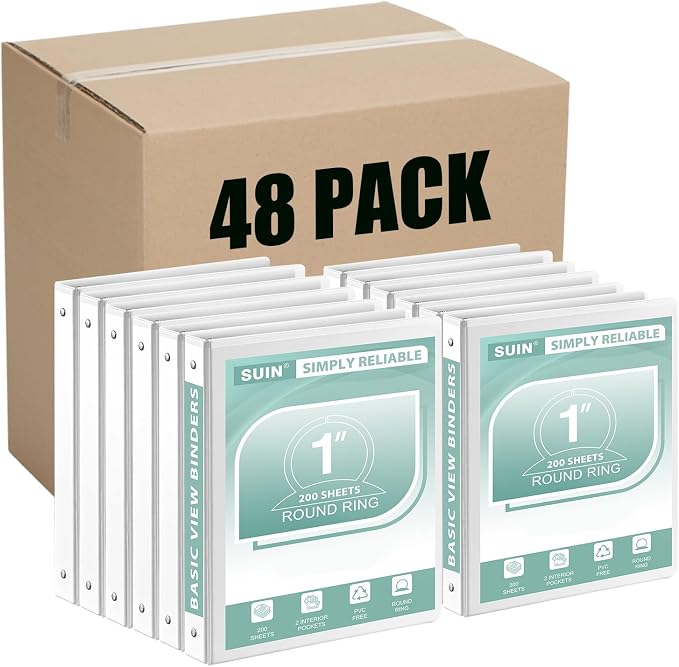 SUIN Basic 1-Inch 3-Ring-Binder, Customizable Clear View Cover, for US Letter Size 8-1/2 x 11'', Perfect for Office/School (White - 48 Packs)