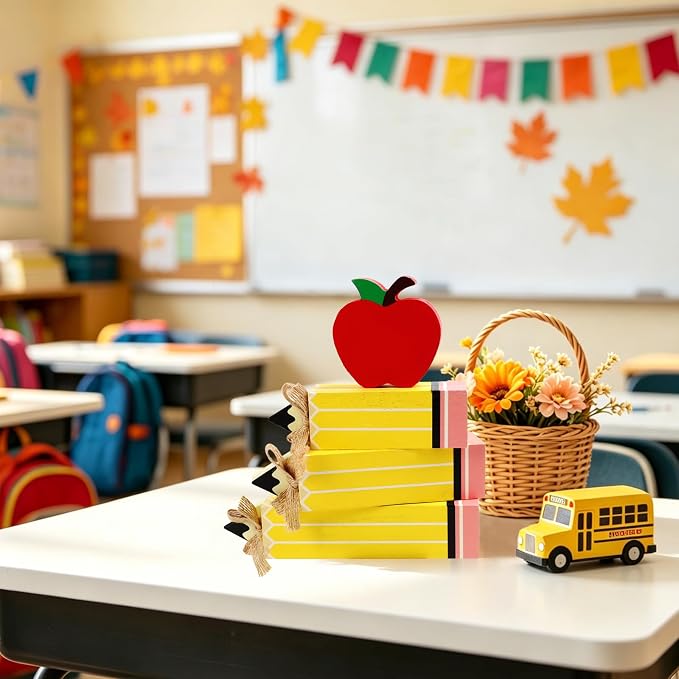 Fangoo 4Pcs Back to School Table Decorations Wooden Pencil Block Stack Sign Red Apple Table Centerpieces First Day of School Tiered Tray Gifts Decor for Home Classroom Teacher Desk Shelf Mantel