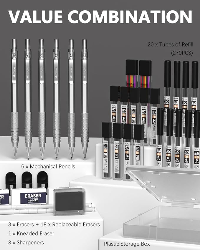 Nicpro 35PCS Silver Metal Mechanical Pencils Set in Case, Art Drafting Pencil 0.5, 0.7, 0.9 mm & 3PCS 2mm Graphite Lead Holder for Drawing Sketching With 20 Tube Lead Refills(6B 4B 2B HB 2H 4H Colors)