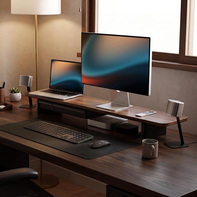 Fenge 42.5" Monitor Stand with Storage Drawers, Minimalist Monitor Riser with Solid Ash Legs and Cable Management, Wooden Desk Shelf for Home Office Workspaces, Brown