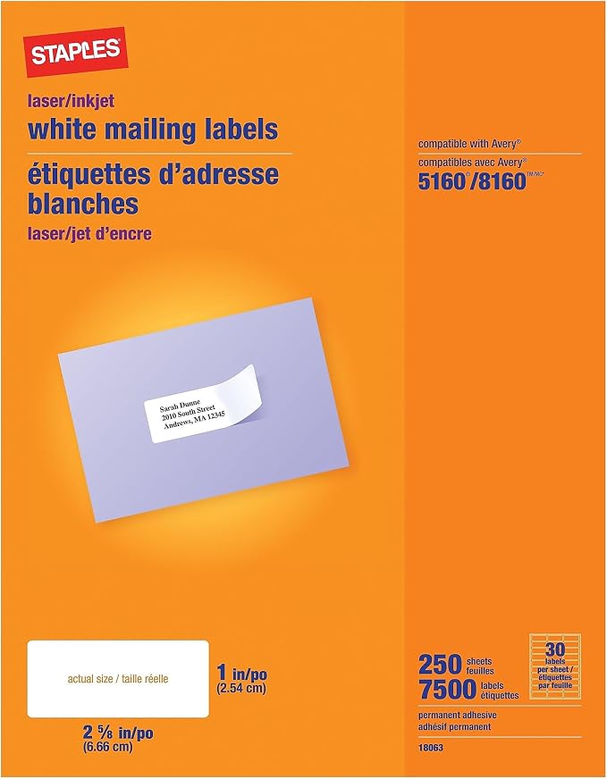 Staples Laser/Inkjet Address Labels, 1" x 2 5/8", White, 30 Labels/Sheet, 5 Boxes/Case