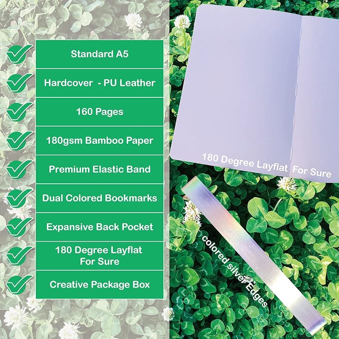 BUKE Dotted Notebook Journal 180GSM Bamboo Thick White Paper 160 Pages 5 * 5MM Dot Grid, Lay Flat Binding,Colored Silver Edges, Bookmarks and Expandable Back Pocket (BKP-5)