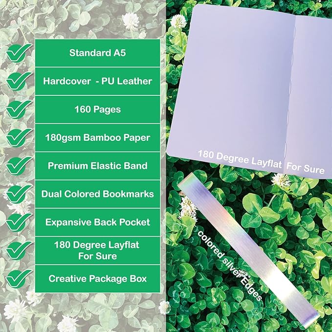 BUKE Dotted Notebook Journal 180GSM Bamboo Thick White Paper 160 Pages 5 * 5MM Dot Grid, Lay Flat Binding,Colored Silver Edges, Bookmarks and Expandable Back Pocket (BKP-3)