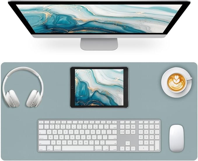 Large Desk Pad Mat, Leather Blue Desk Mat for Desktop, Computer Desk Mouse Pad Non-Slip, Waterproof Keyboard Mat for Office/Home/Decor, 31.5" x 15.7"