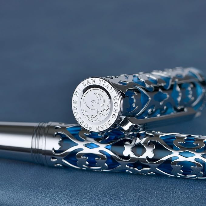 HONG DIAN D1 Piston Fountain Pen Fine Soft Nib, Silver Blue Hollow Skeleton & Resin Pen with Metal Case Set