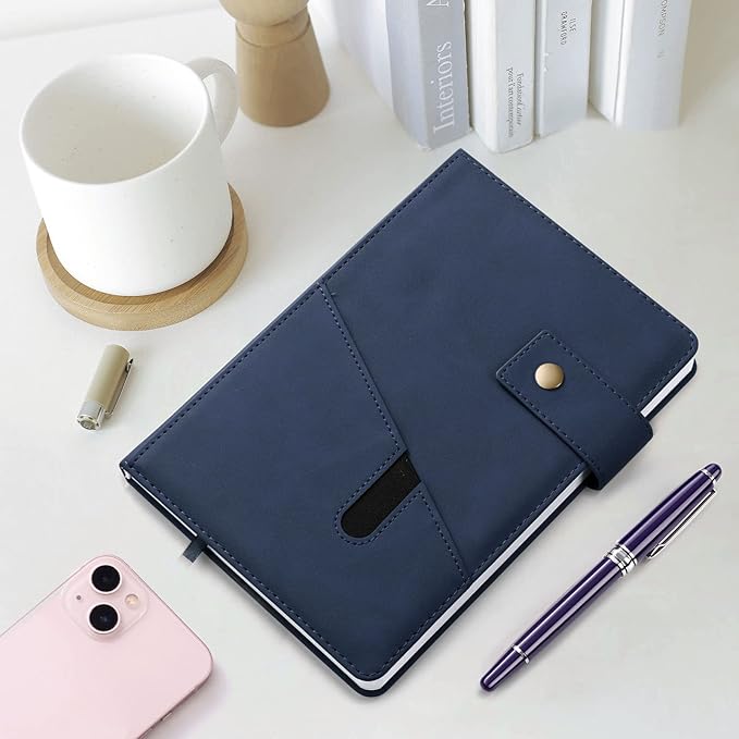 A5 Leather Journal Notebook with Pen, 200 Pages Hardcover Journal with Pocket, 100gsm Thick Lined Paper Daily Diary for Men and Women, Great Gift for Business School Travel Personal - Navy Blue
