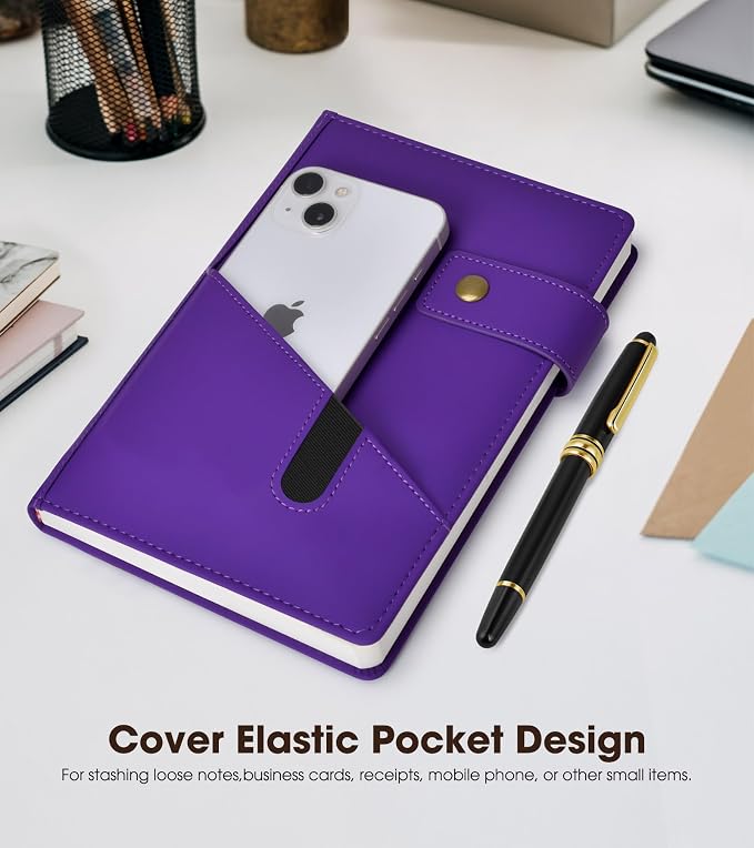 Lined Journal Notebook with Pen, A5 Personalized Hardcover Leather Journal for Men Women, 200 Pages 100 GSM Thick Paper College Ruled Notebooks for Work Travel School Writing Diary 5.9" X 8.4" Purple