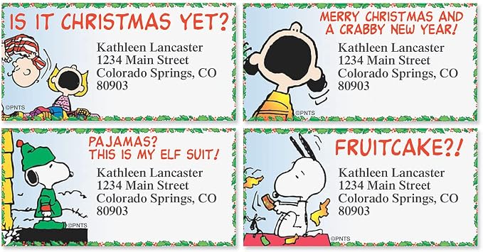 Colorful Images Christmas Capers Peanuts Return Address Mailing Labels, Personalize with Name & Shipping Address, Set of 144 Self Adhesive, Easy Peel Flat Sticker Label Sheets, Large, 8 Designs