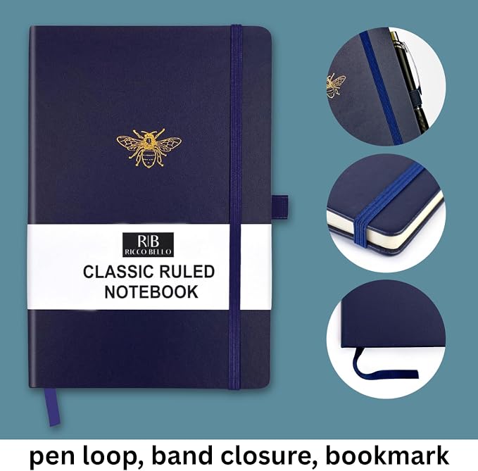 RICCO BELLO Lined Journal Notebook, Navy Bee, 5.7 x 8.4-Inches | Faux Leather Hardcover, Pen Holder, College Ruled, 96 Sheets / 192 Pages, For Work & Notes