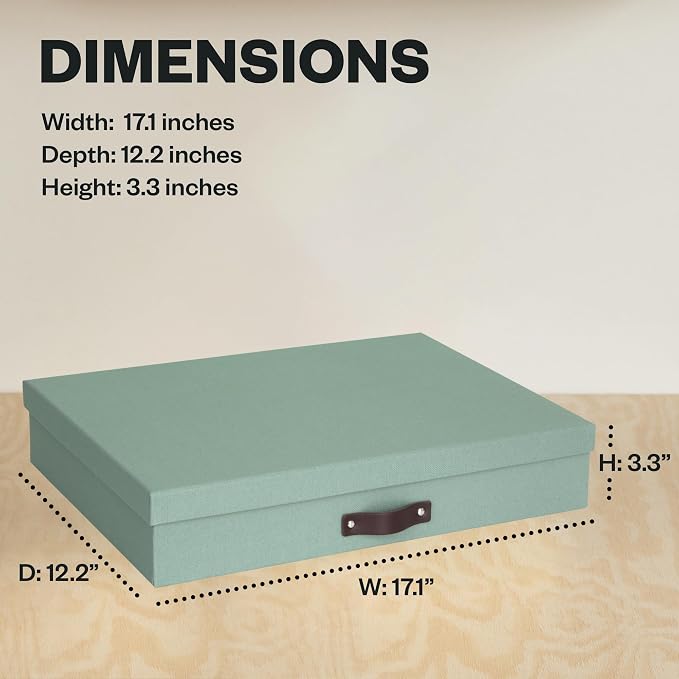 Bigso Sverker Fiberboard Document Storage Box with Lid for A3 and Legal Size Papers, Magazines, and Art - Sturdy, Stackable Keepsake Box with Leather Handle - W17.1in x D12.2in x H3.3in - Soft Teal