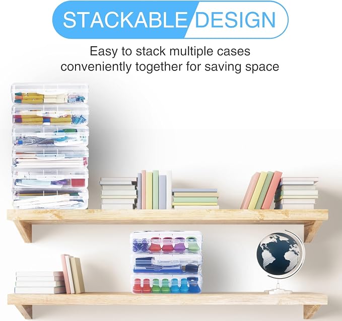 Sooez 1 Pack Pencil Case, Clear Pencil Box with Stickers, Large Plastic Crayon Box with Snap-tight Lid, Stackable Storage Art Craft Marker Organizer for Kids Boys Back to School, Orange