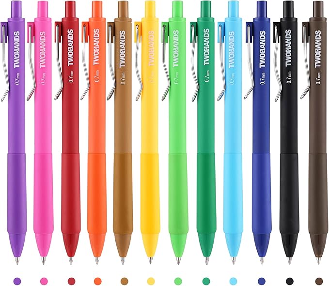 TWOHANDS Colored Gel Pens 0.7mm Fine Point 12 Pack | Quick Dry Colorful Ink Pens,No Bleed,Retractable Smooth Writing Pens for Journaling,Note Taking,With Grip,23506
