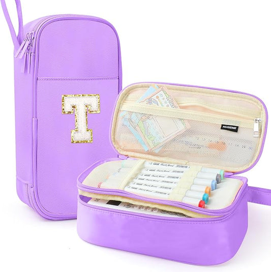 Cute Large Pencil Case Pouch,Personalized Initial Pencil Bag for Girls Boy | Multiple Pockets With Smooth Dual-Zipper, Big Capacity Aesthetic Pen Case Bag For Kids College Art School Gift