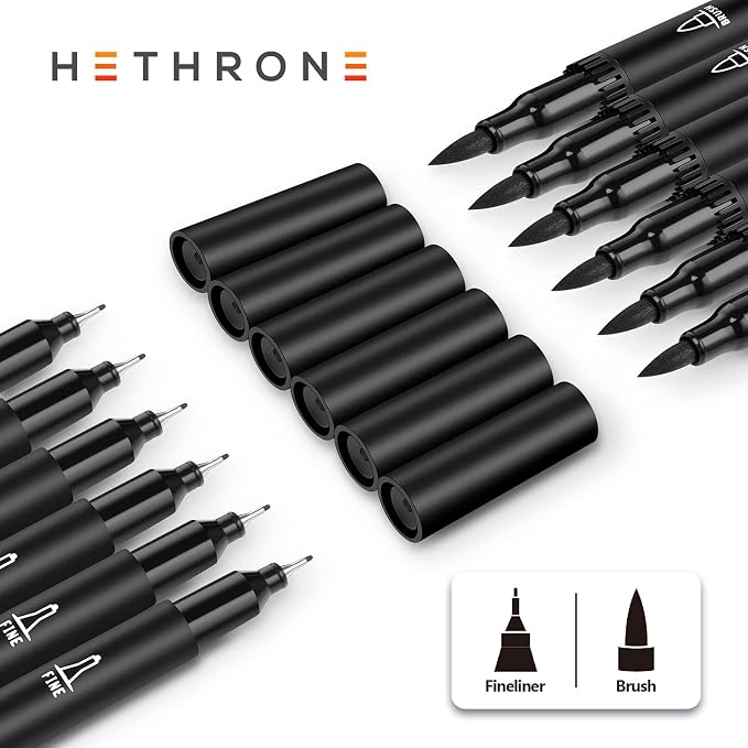 Hethrone Black Markers for Drawing - Brush Pens with Felt Tips for Artists - Calligraphy Pens, 12 Pack