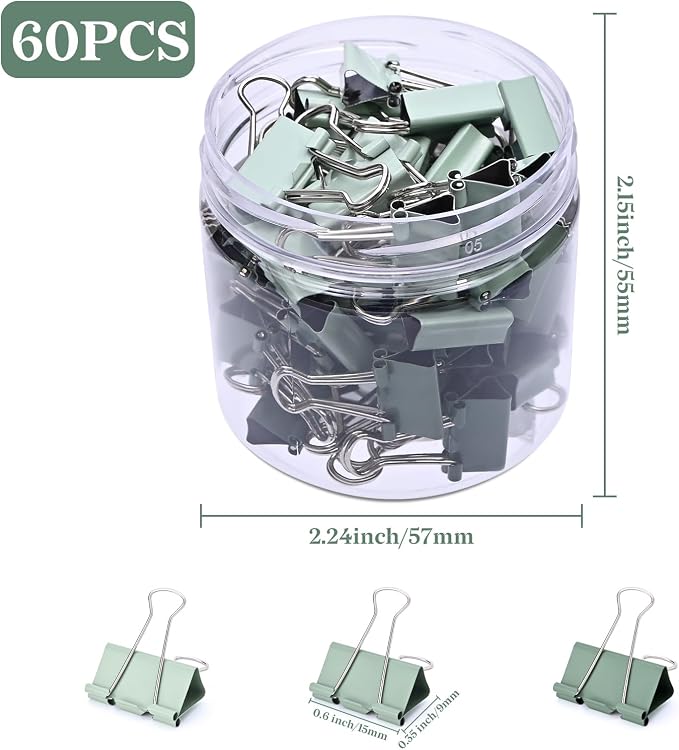 Temiary Aesthetic Binder Clips, Small Metal Binder Clip with Clear Storage Container, Binding Paperwork Clamps for School Teachers Office Supplies (Green 0.6 Inch, 60P)