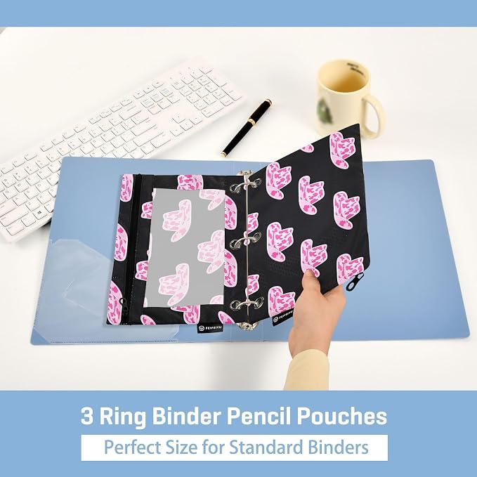Gredecor Binder Pencil Pouch 3 Ring Cowgirl Hat with Pink Cow Zipper Pencil Pouches Case 2 Pack Clear Binder Organizer for School Office