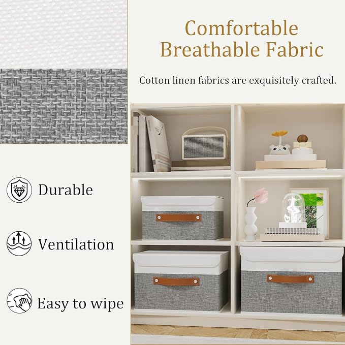 OUTBROS Storage Basket with Lid 13 x 9.1 x 7.9 inch, White/Grey, 5-Pack | Linen Fabric Containers, Wardrobe Organiser For Towels, Clothes