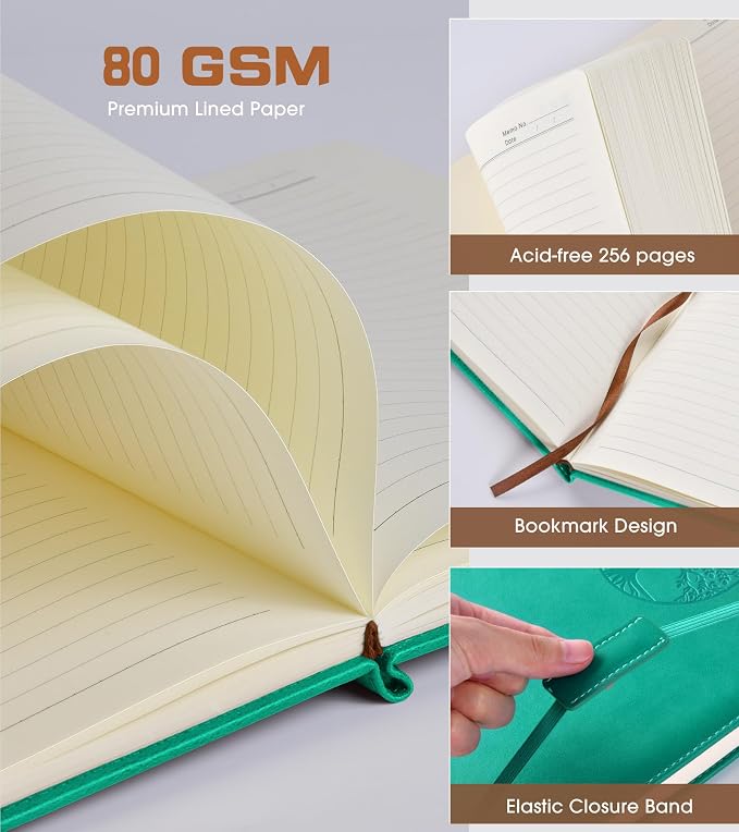 Biuwory B5 Leather Journal Notebook, 256 Lined Pages, Hardcover 7.8"×10.2" | Large Vintage Journal for Women Men,Work,School,Business,Travel Diary,Note taking,College Ruled Writing,Daily Journaling