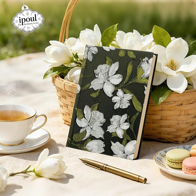 Flower Notebook, A5, 6x8, Hardcover, Lay Flat, Lined Paper, Ruled Page, Journal for Women, Writing Notebook, Pretty, Magnolia, Black, Birthday Gifts for Women, Mothers day Gifts