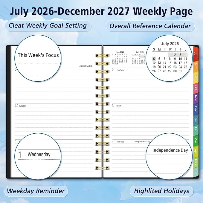 Daily Planner 2026-2027, 18 Month Planner with Tabs, July 2026 - December 2027 Weekly and Monthly Agenda Year Calendar Spiral Time Management, 100GSM Thick Paper, Twin-Wire Binding, A5 Size, Black